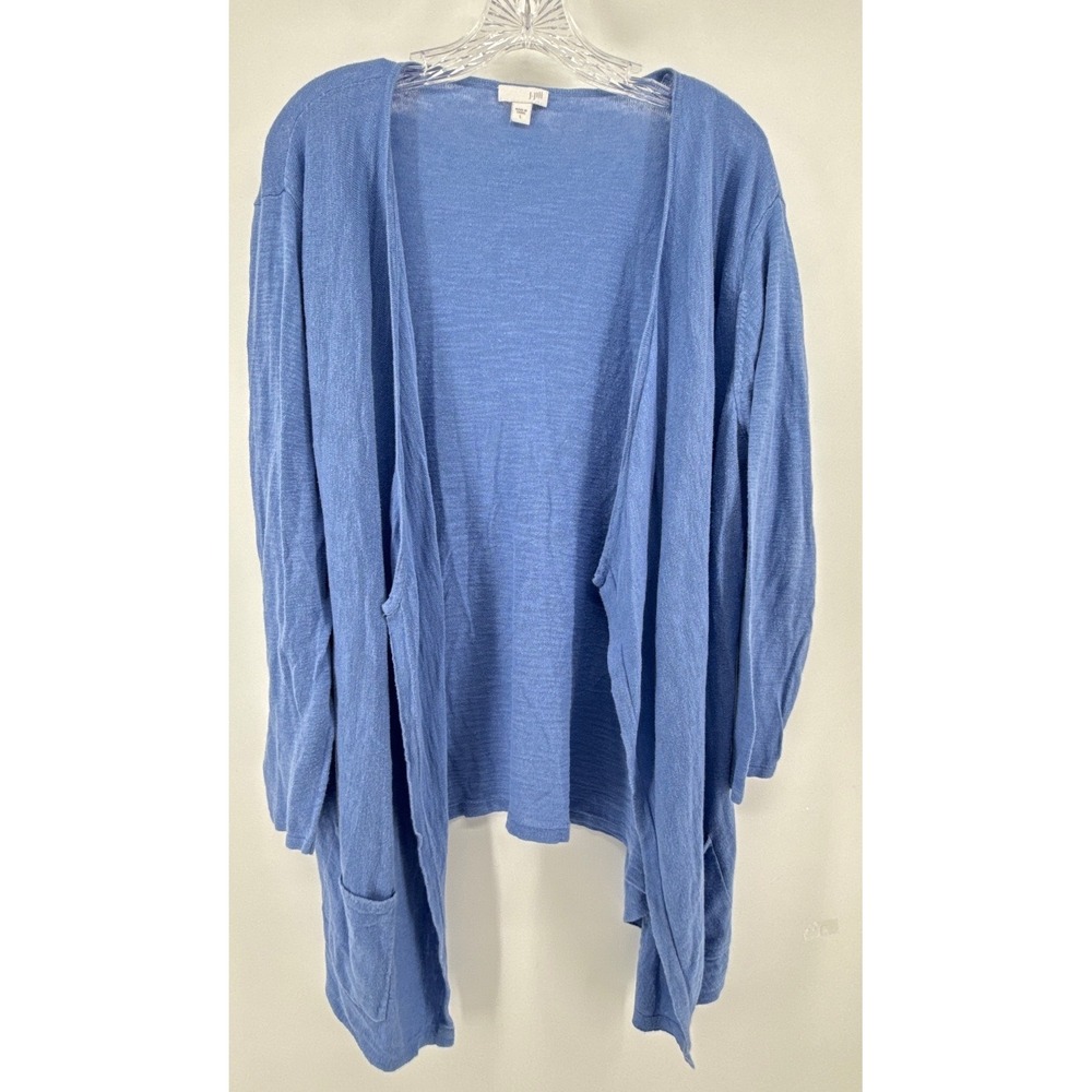 J. Jill Women Blue Open Front Draped Cardigan Sweater Slub Knit Pockets Large